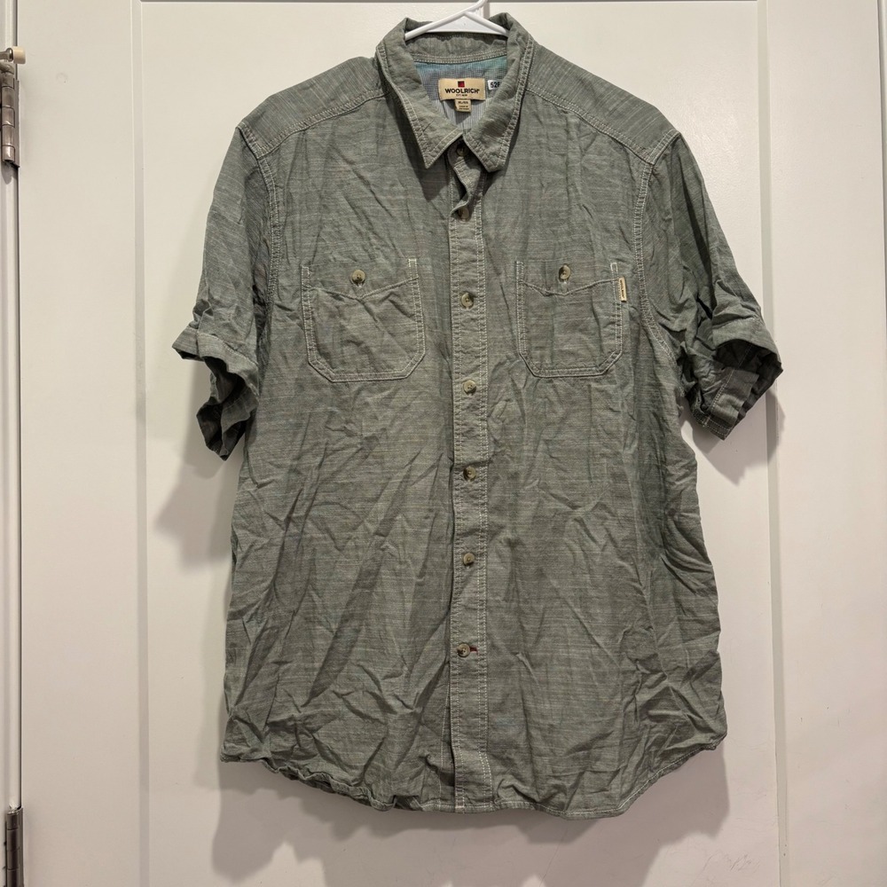 Woolrich Mens XL Short Sleeve Button Down Shirt Sage Green Textured 2 Pockets